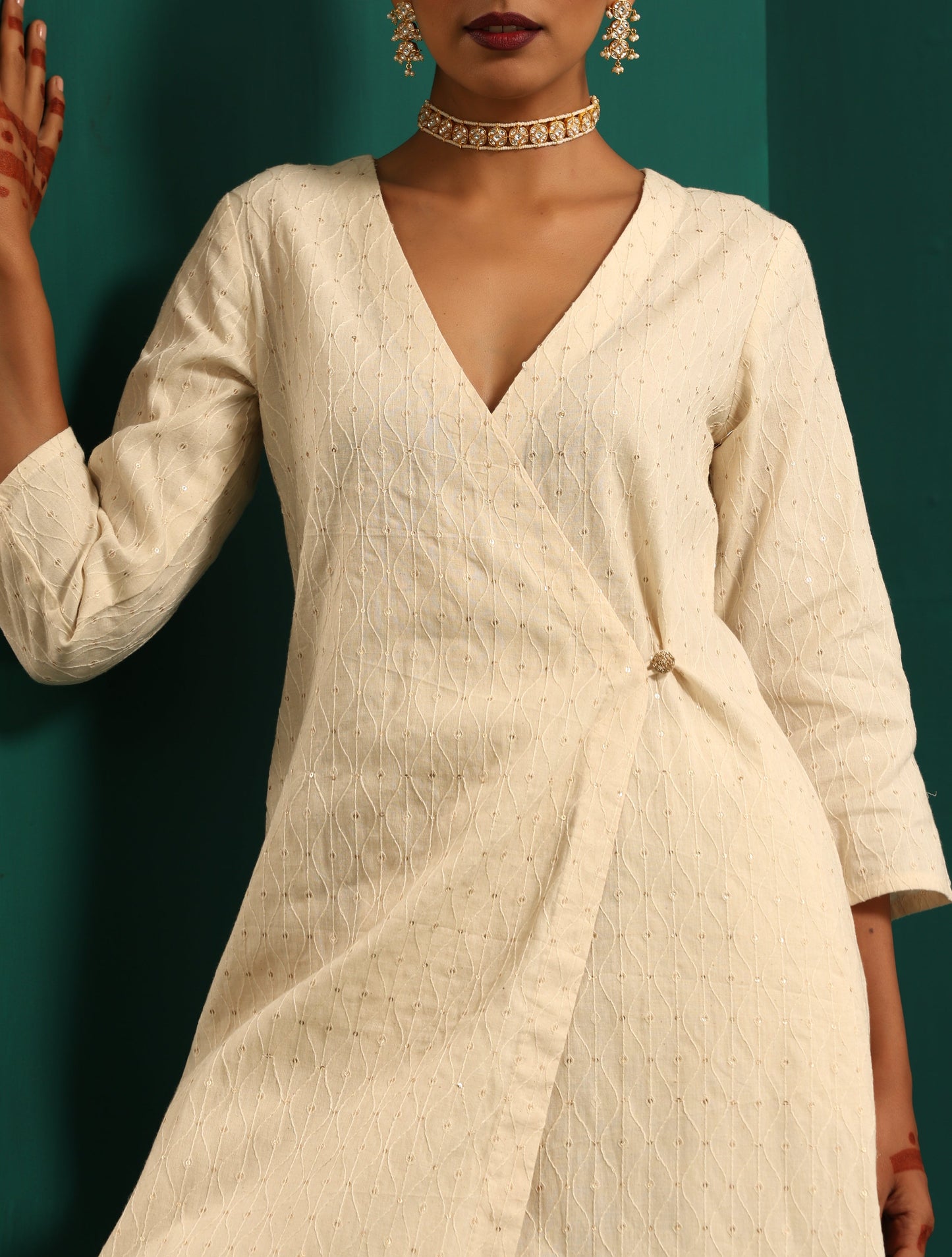 trueBrowns Ivory Tonal Cotton Angrakha Kurta Pant Set | Swadesiicart