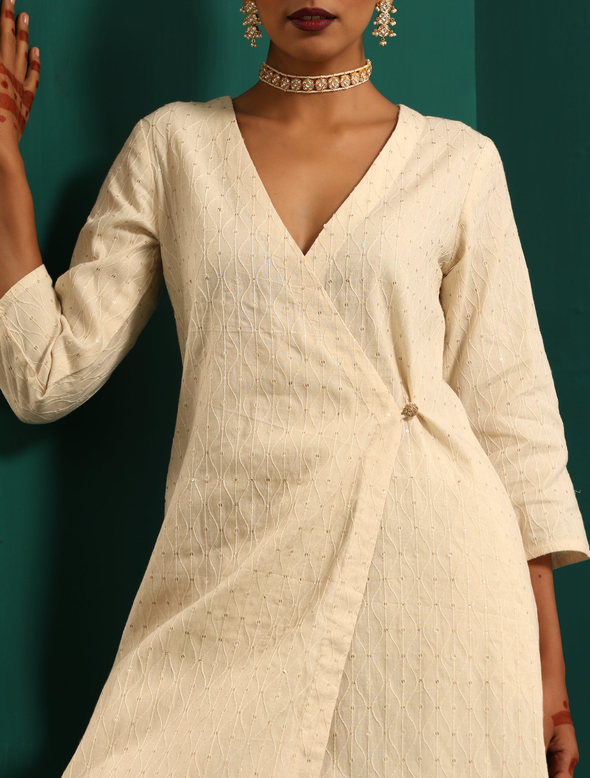 trueBrowns Ivory Tonal Cotton Angrakha Kurta Pant Set | Swadesiicart