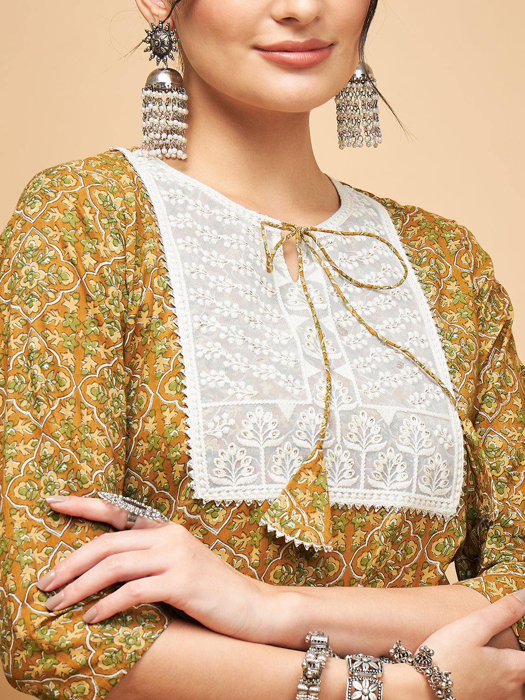 InWeave Women's Olive Ajrakh Print Cotton Patch Work Straight Kurta - Swadesiicart