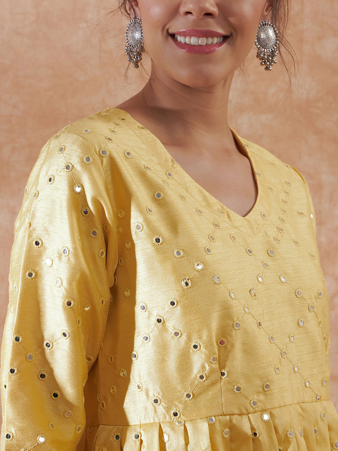 InWeave Women's Light Yellow Mirror Work Long Anarkali Kurta - Swadesiicart
