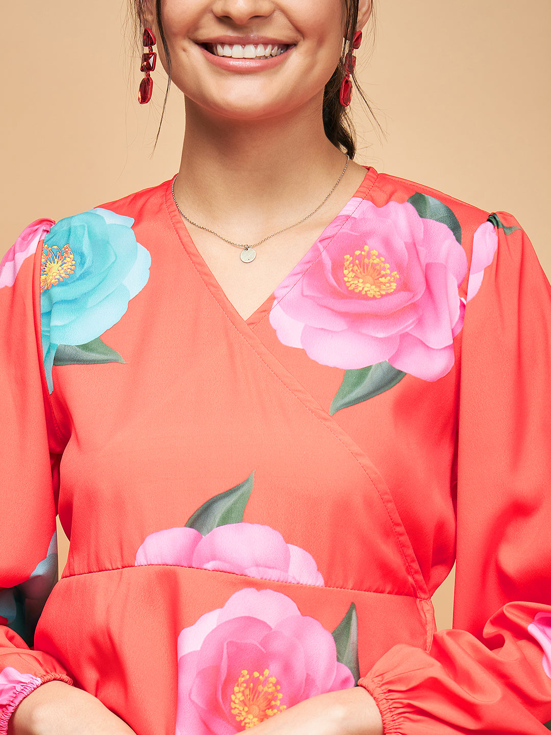 InWeave Women's Dark Orange Pink Blue Flower Belted Dress - Swadesiicart