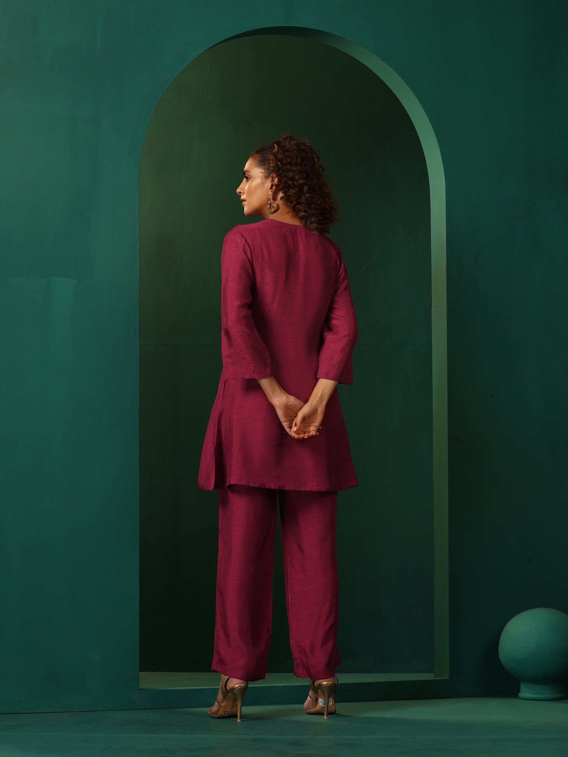 trueBrowns Maroon Silk Relaxed Co-ord Set - Swadesiicart