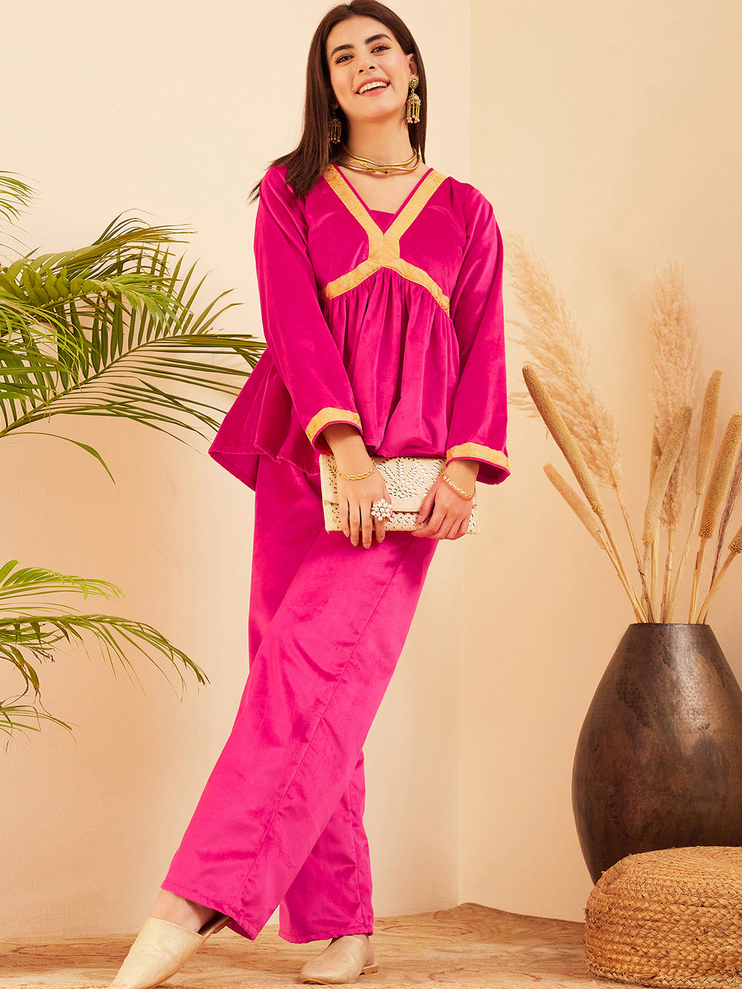 InWeave Women's Magenta Mughal Shaan Style Velvet Short Kurta Set - Swadesiicart
