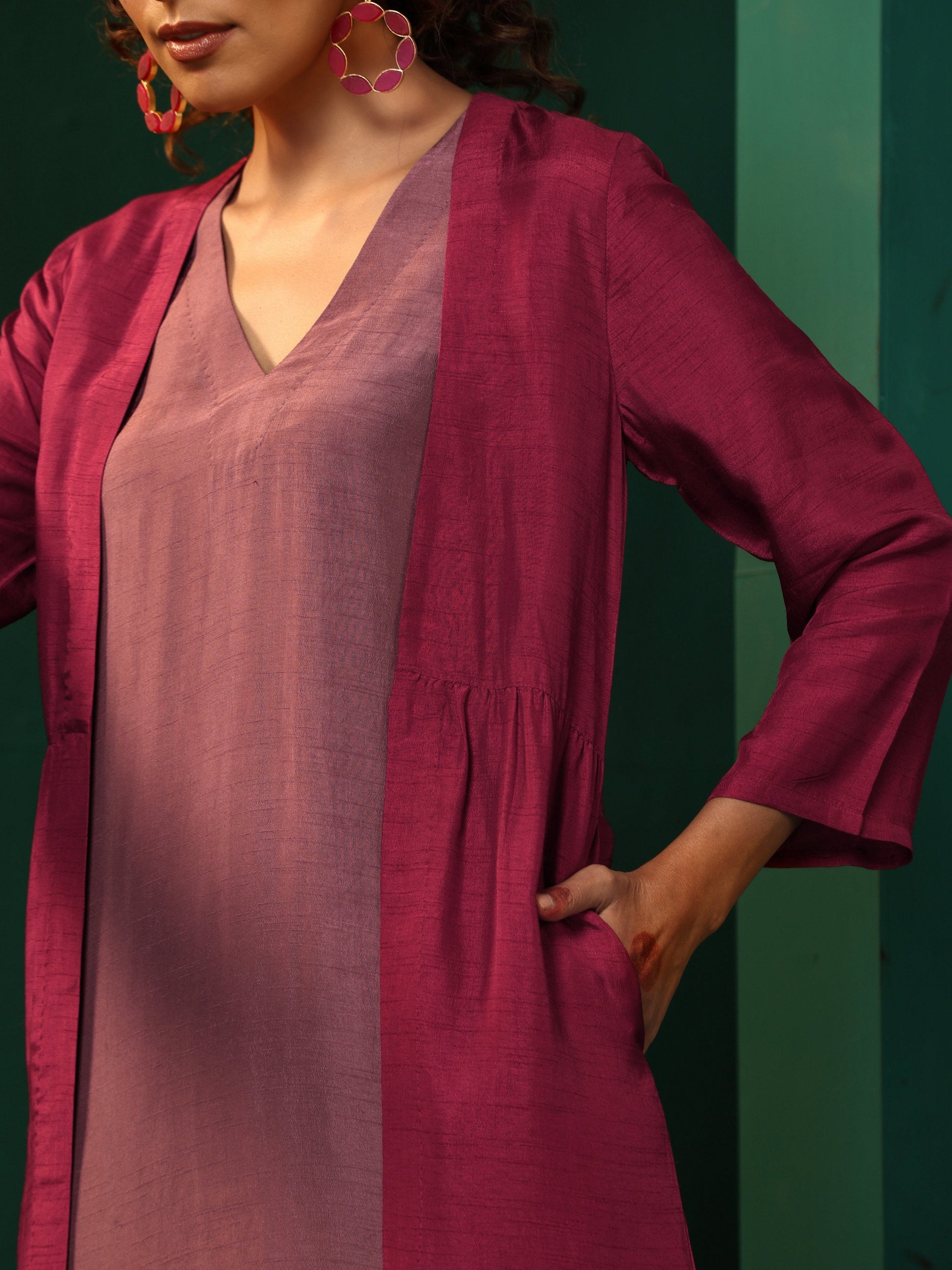 trueBrowns Maroon Light Mauve Silk Jacket Kurta Set | Swadesiicart