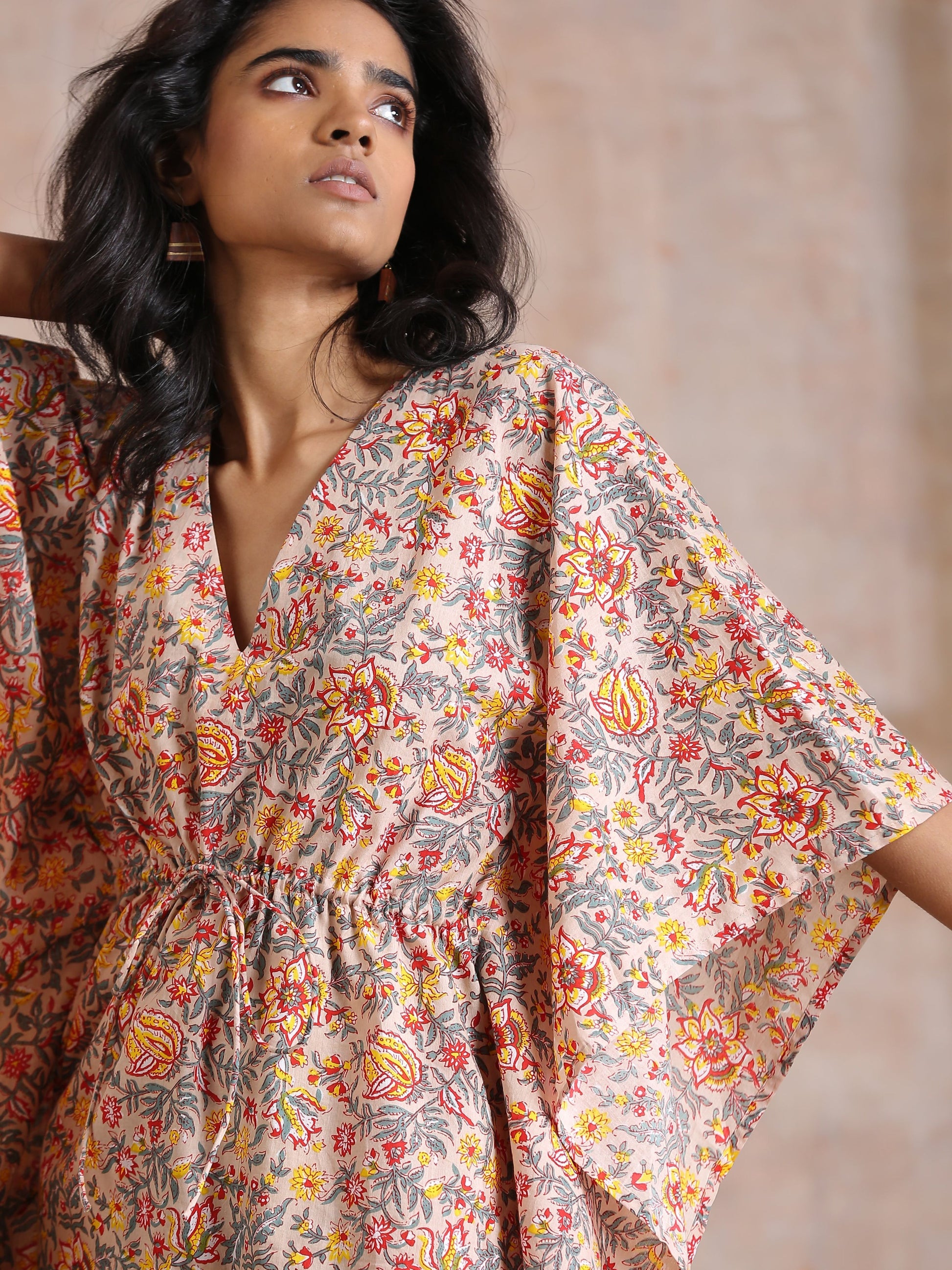 trueBrowns Multicolor Beige Overall Floral Block Print Cotton Kaftan Co-Ord Set - Swadesiicart