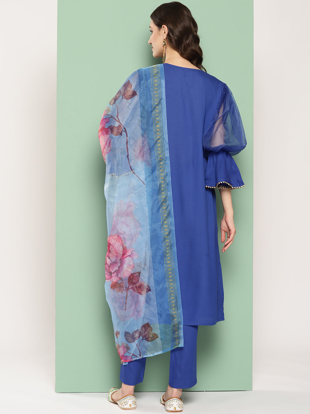 InWeave Women's Ink Blue Organza Sleeve Kurta Set W Blue Fuchsia Or Dupatta - Swadesiicart
