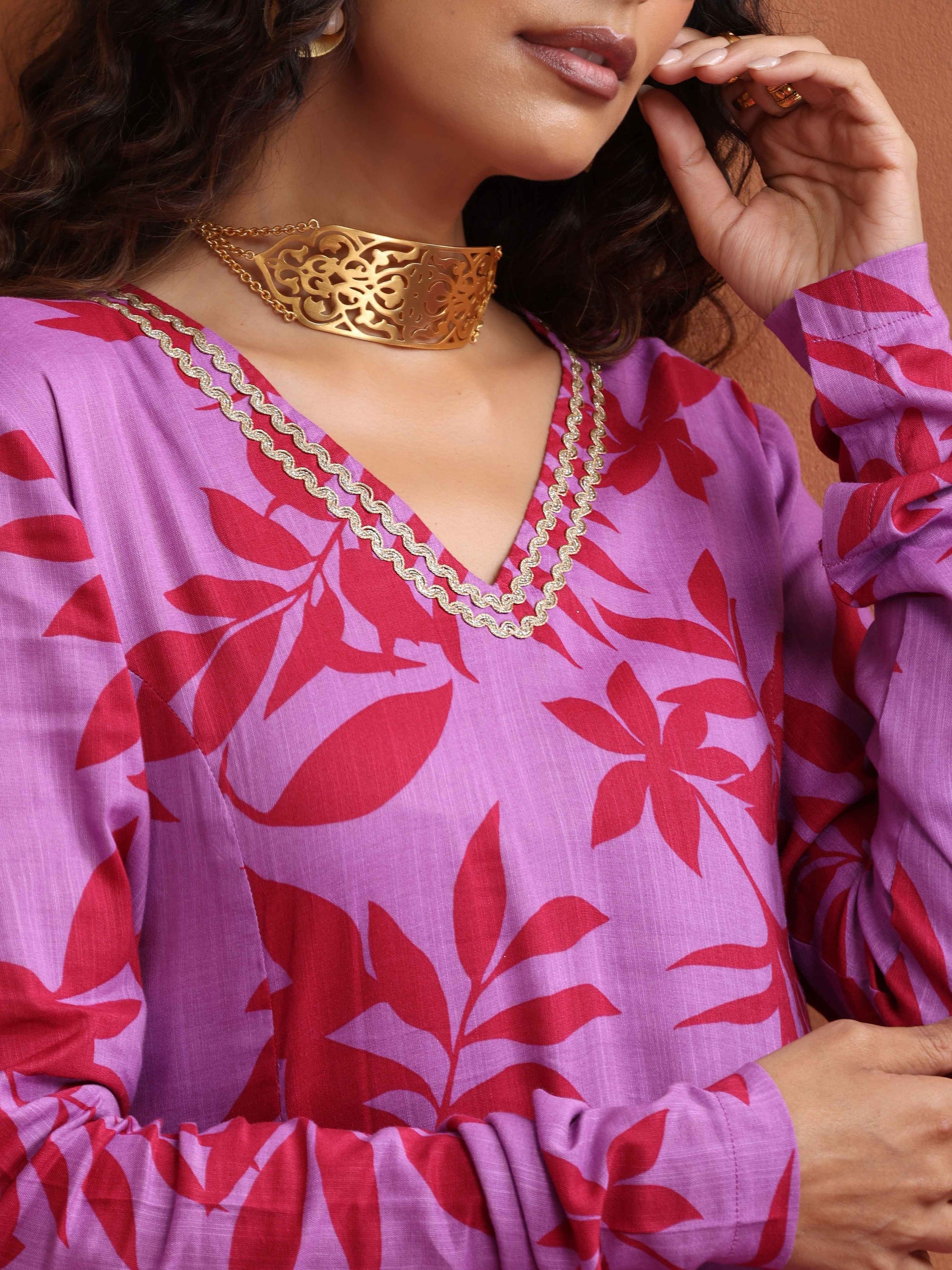 trueBrowns Purple Print A-line Kurta Set | Swadesiicart
