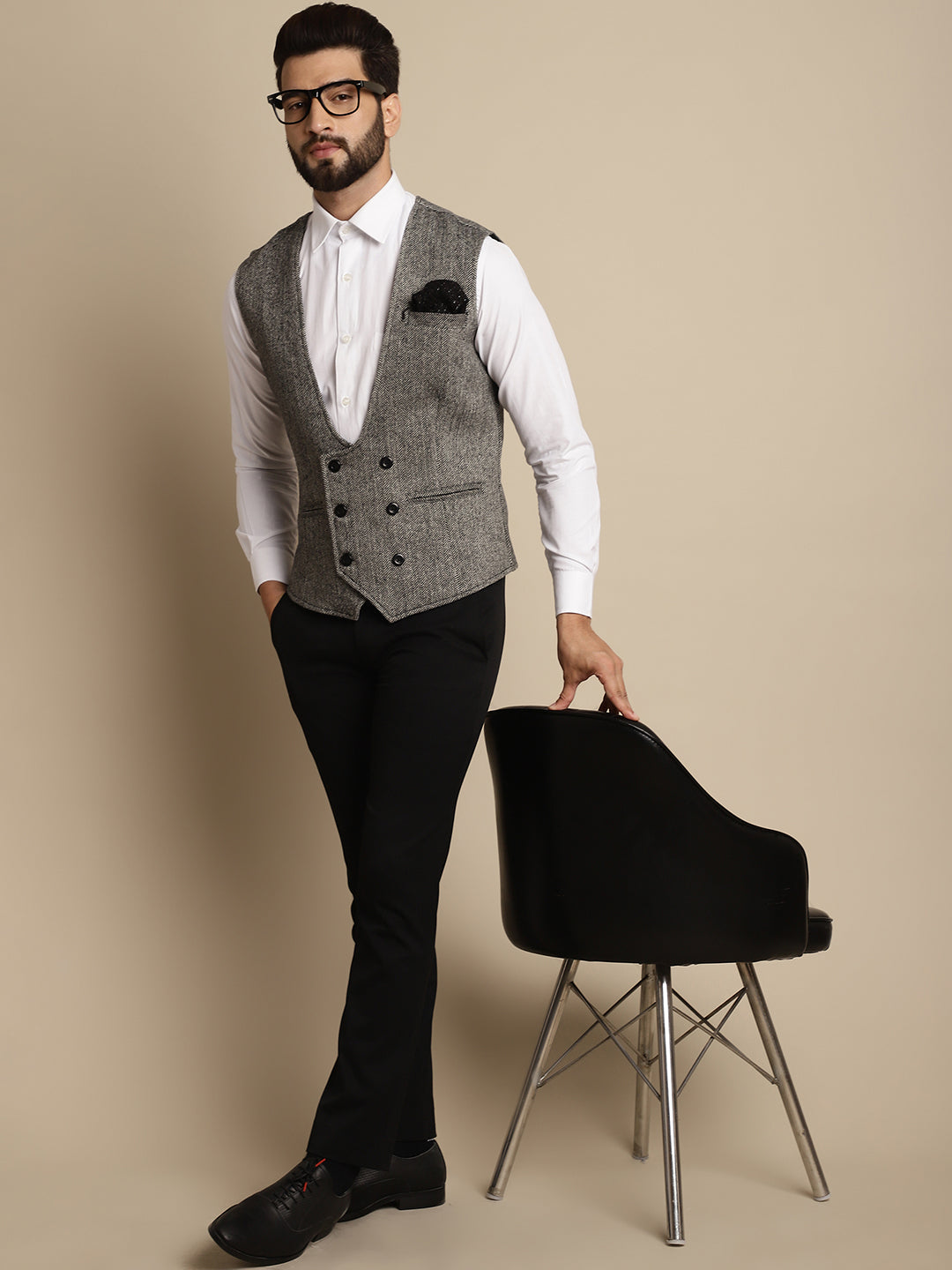 Even Apparels Men's Grey Woolen Double Breast Waistcoat | Swadesiicart