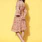 InWeave Women's Pink Boota Print Belted Dress - Swadesiicart