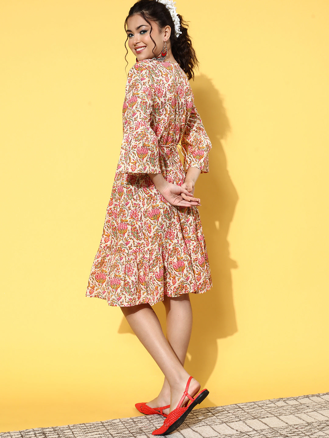 InWeave Women's Pink Boota Print Belted Dress - Swadesiicart