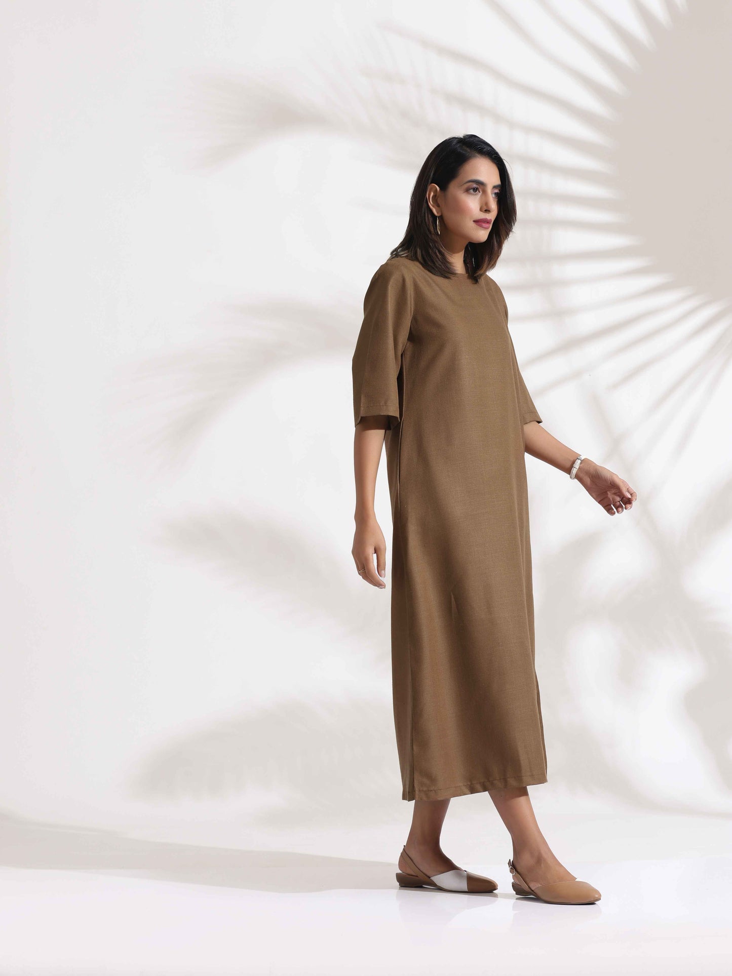 trueBrowns Brown Slub Dress | Swadesiicart