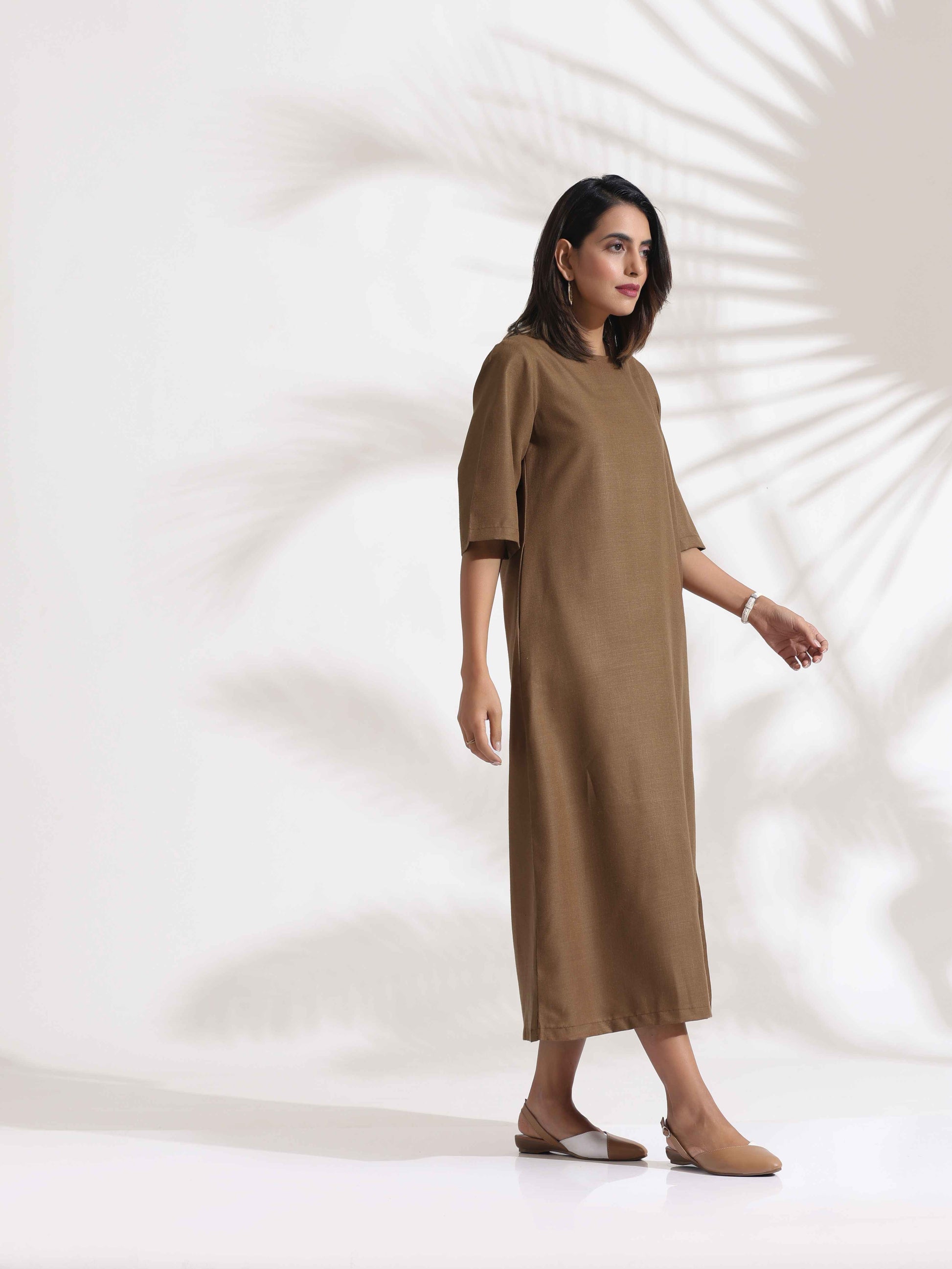 trueBrowns Brown Slub Dress | Swadesiicart