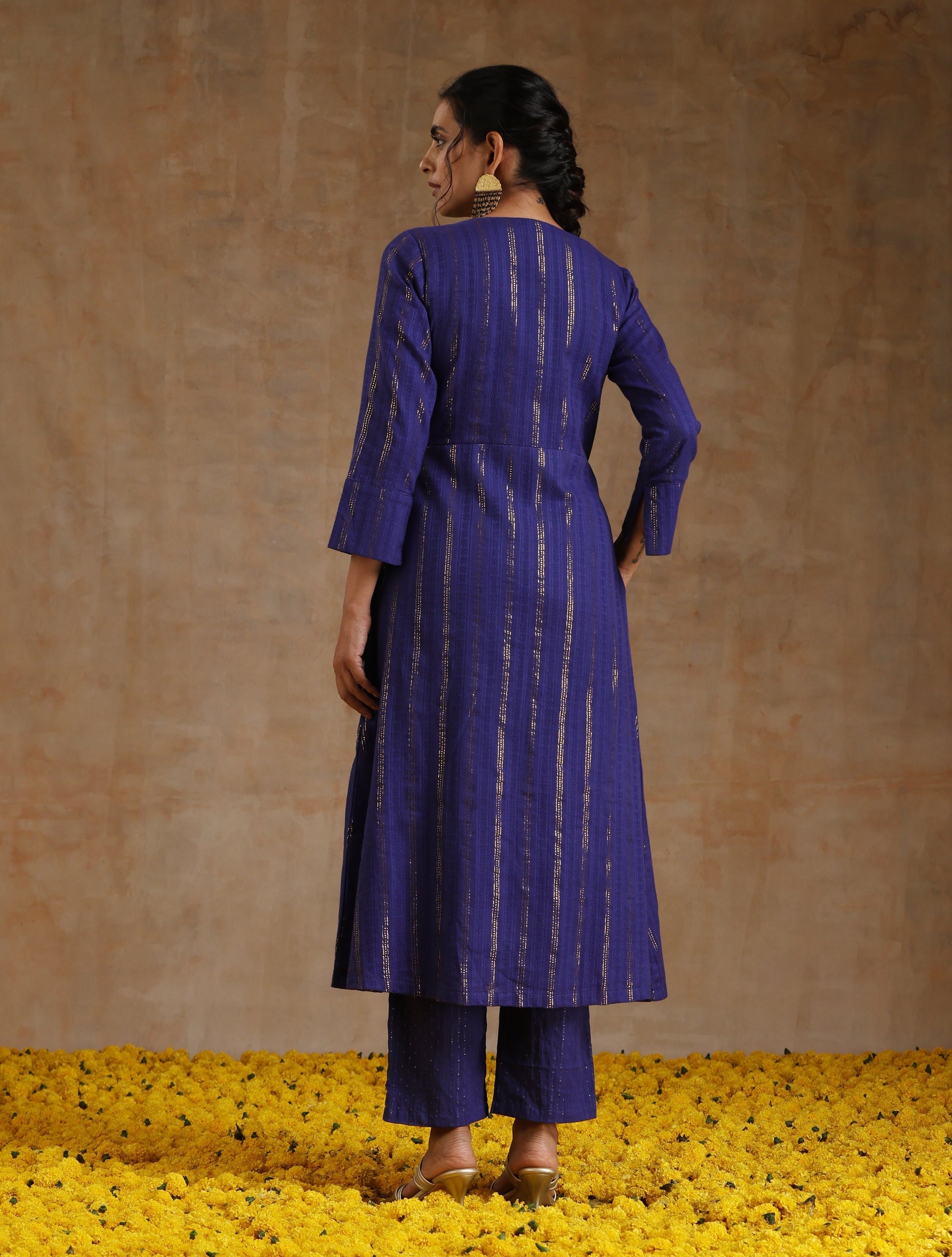 trueBrowns Spectrum Blue Gold Cotton Angrakha Kurta Set | Swadesiicart