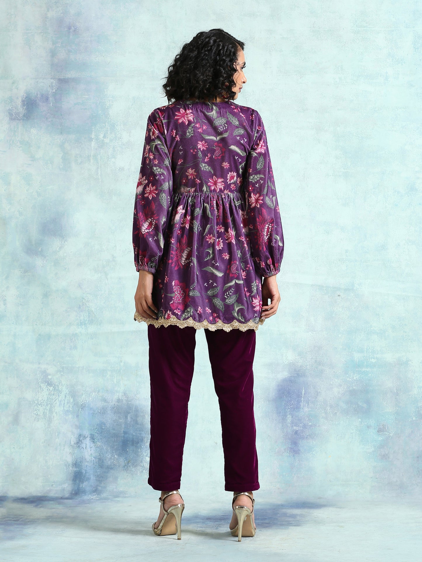 trueBrowns Wine Printed Velvet Lace Co-Ord Set - Swadesiicart