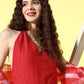 InWeave Women's Red Lace Work Backless Kurta Sharara Set With Lehariya Dupatta - Swadesiicart