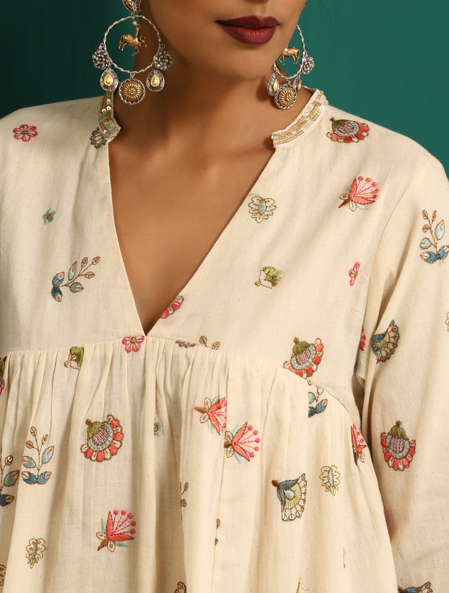 trueBrowns Ivory Multi Color Cotton Yoke Gathered Co-ord Set - Swadesiicart