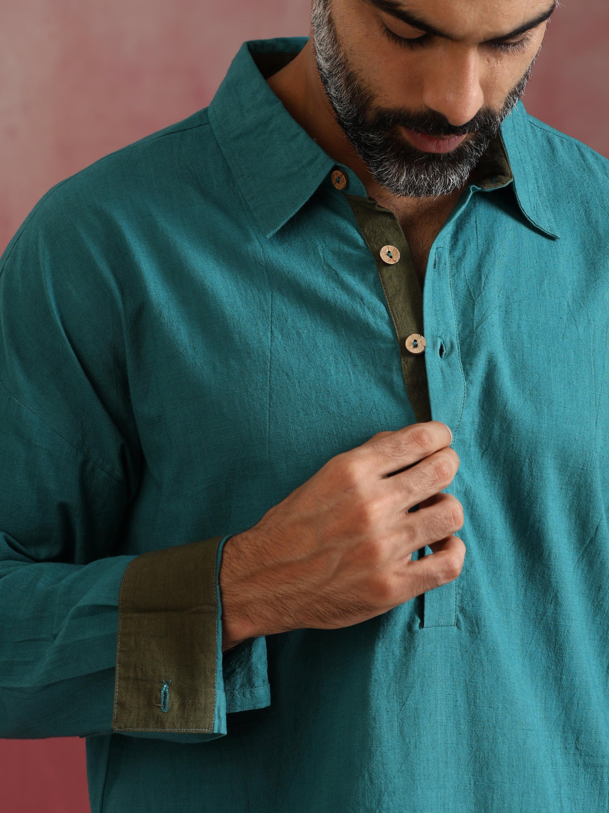 trueBrowns Men's Teal Cotton Shirt Collar Stylized Kurta Co-ord set - Swadesiicart
