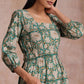 trueBrowns Fern Green Overall Floral Block Print Cotton Square Neck Dress | Swadesiicart