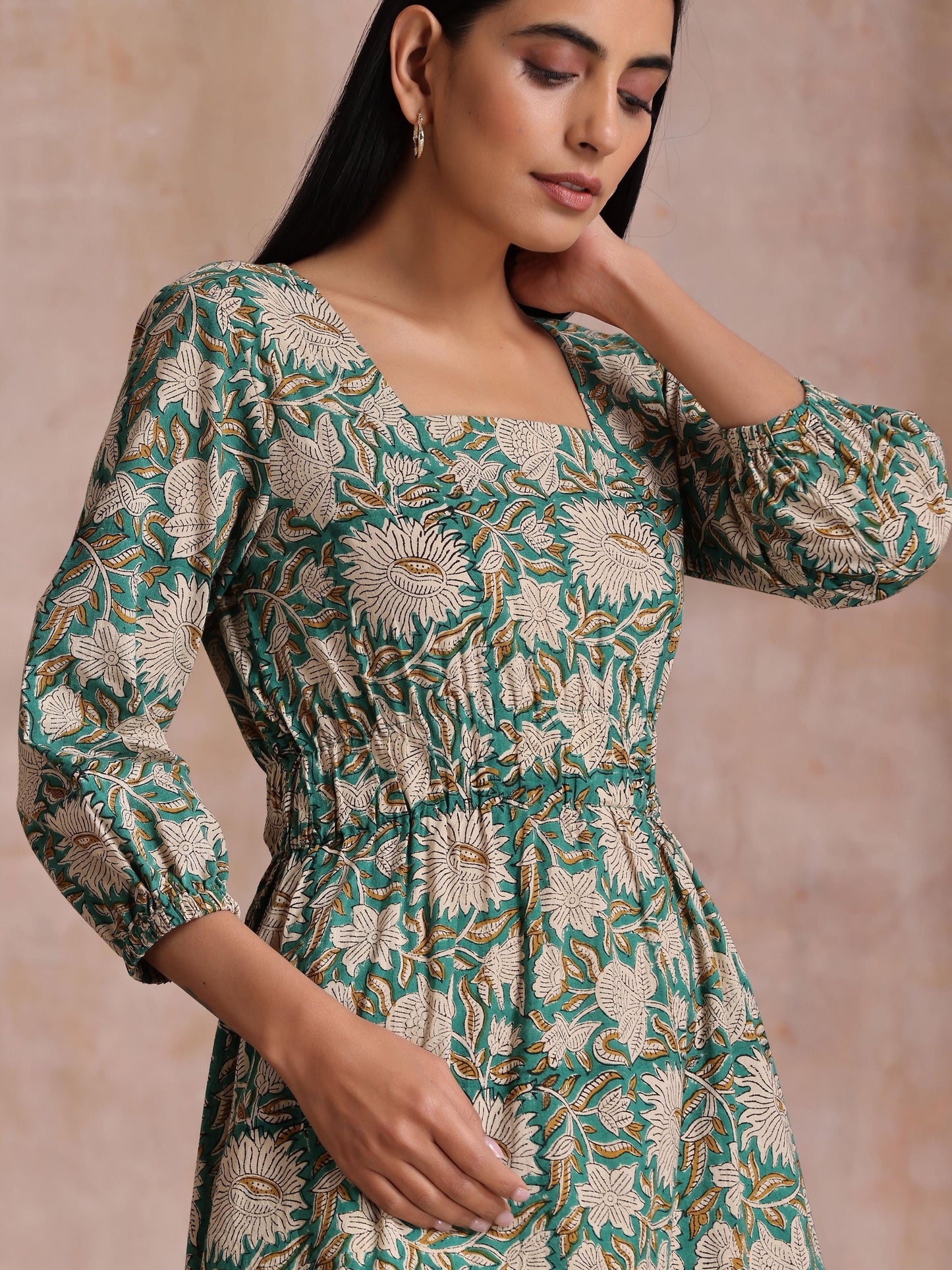 trueBrowns Fern Green Overall Floral Block Print Cotton Square Neck Dress | Swadesiicart