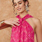 InWeave Women's Fuchsia S Print Twisted Neckline Kurta Pant Set - Swadesiicart