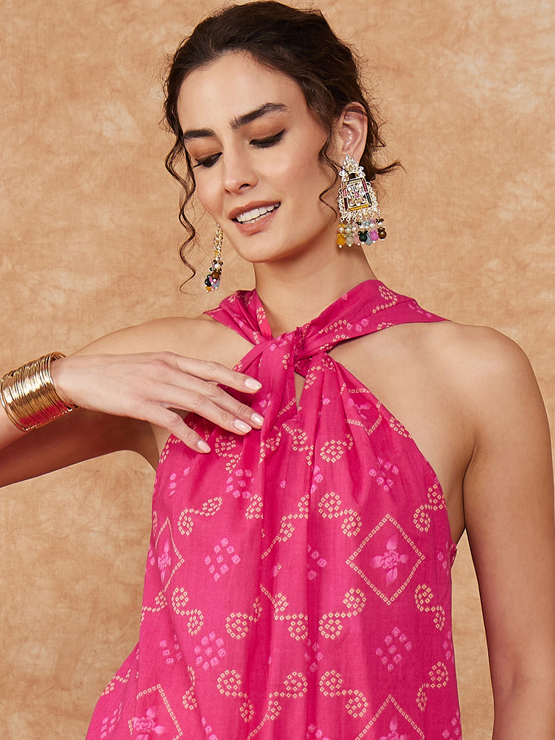 InWeave Women's Fuchsia S Print Twisted Neckline Kurta Pant Set - Swadesiicart