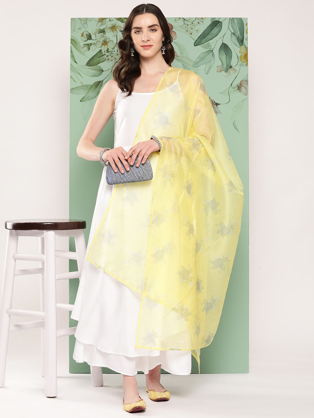 InWeave Women's Strappy Set Cream With Yellow W Chintz Or Dupatta - Swadesiicart