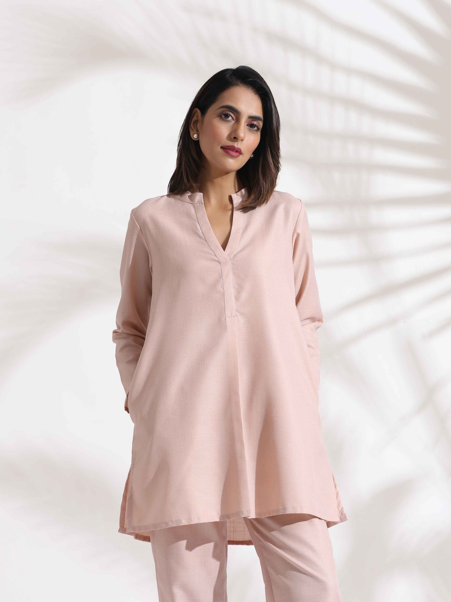 trueBrowns Light Pink Slub Co-ord Set - Swadesiicart