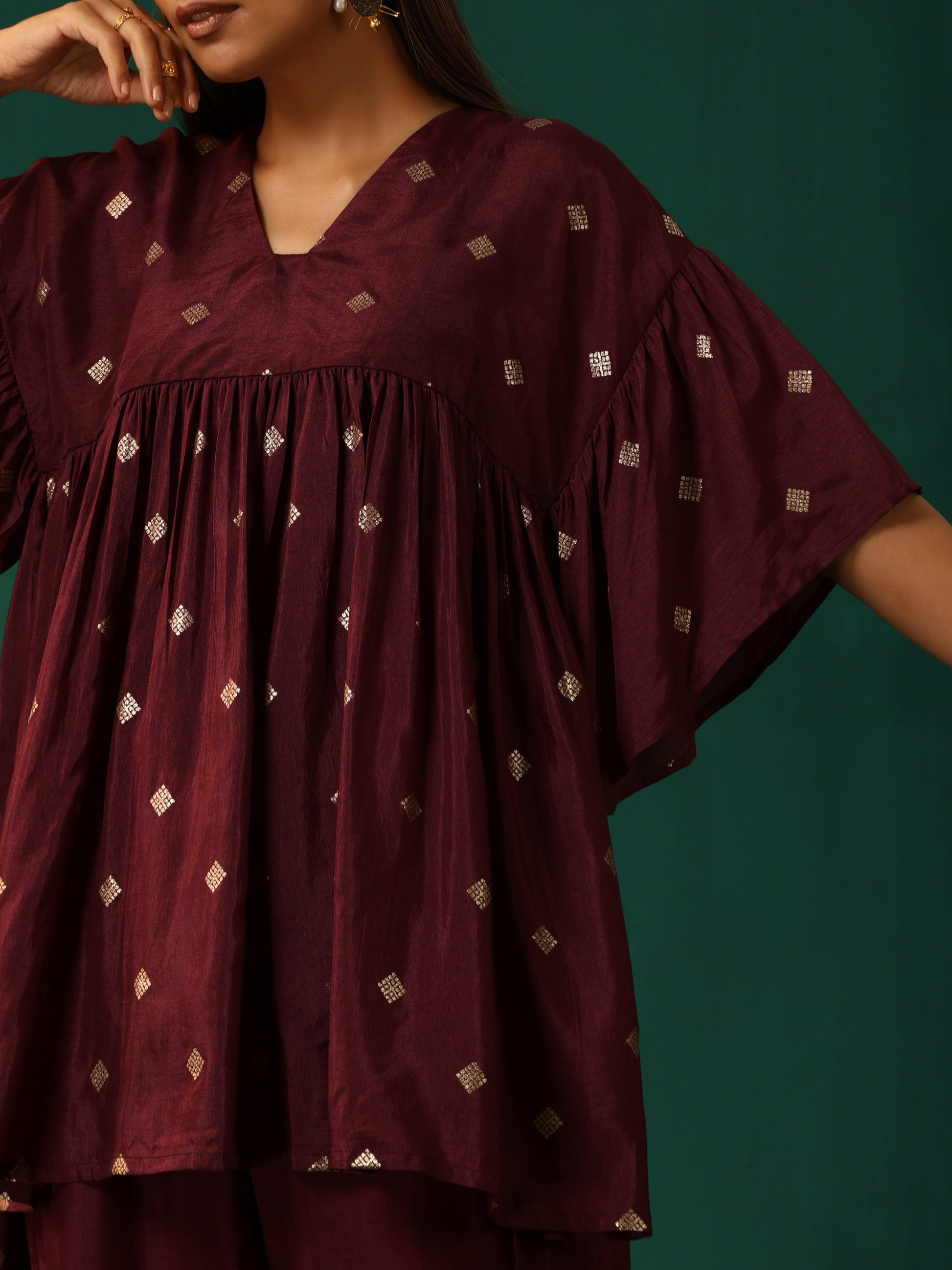 trueBrowns Wine Diamond Viscose Silk Waist Sleeve Gathered Co-ord Set - Swadesiicart