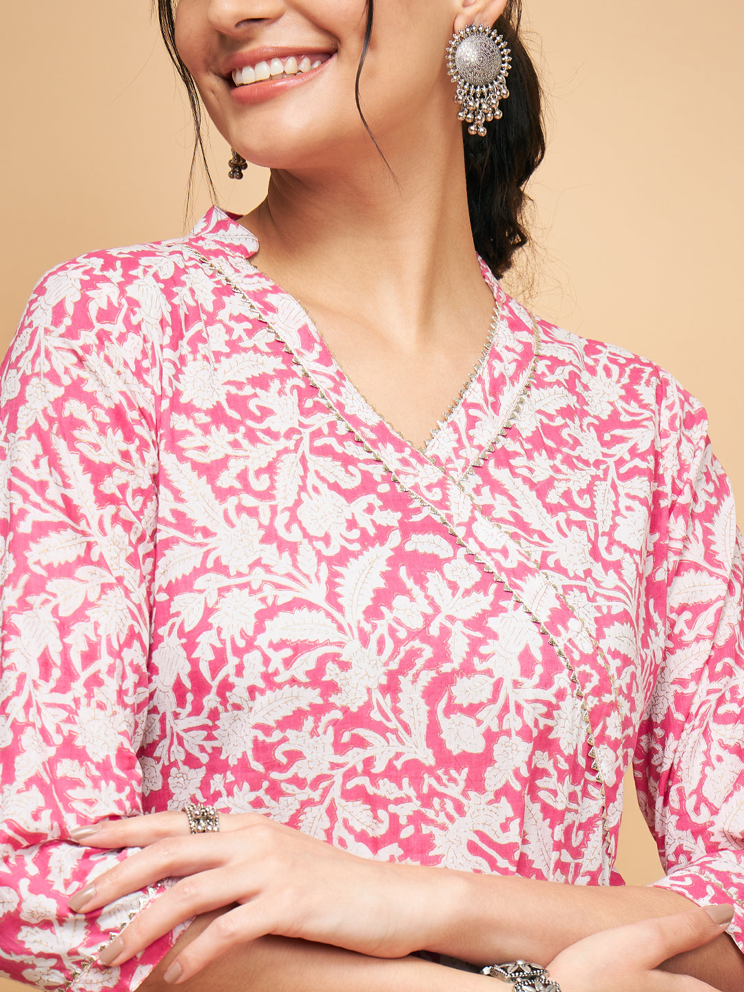 InWeave Women's Pink Foil White Print Angrakha Stright Kurta - Swadesiicart