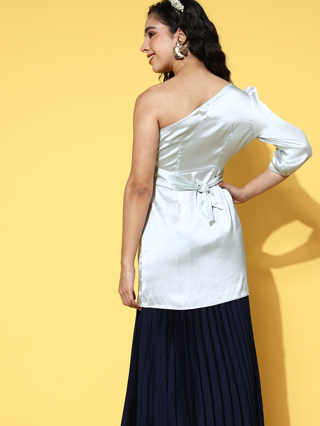 InWeave One Shoulder Satin Top In Silver Colour - Swadesiicart