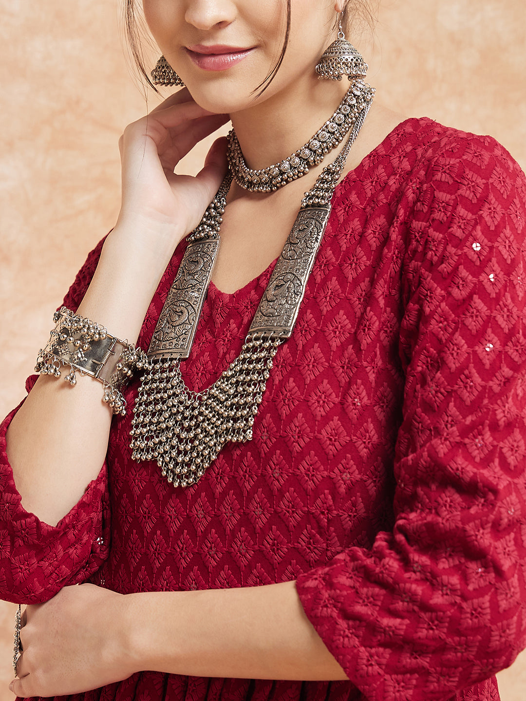 InWeave Women's Maroon Chikankari Long Anarkali Kurta Sharara Set - Swadesiicart