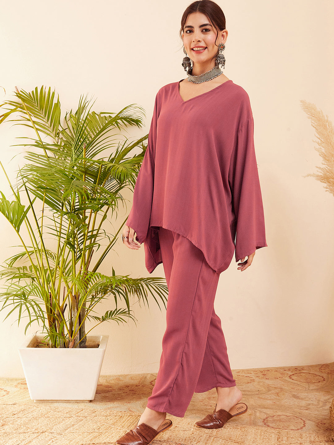 InWeave Women's Light Brown Full Sleeve Boho Top Bottom Set - Swadesiicart