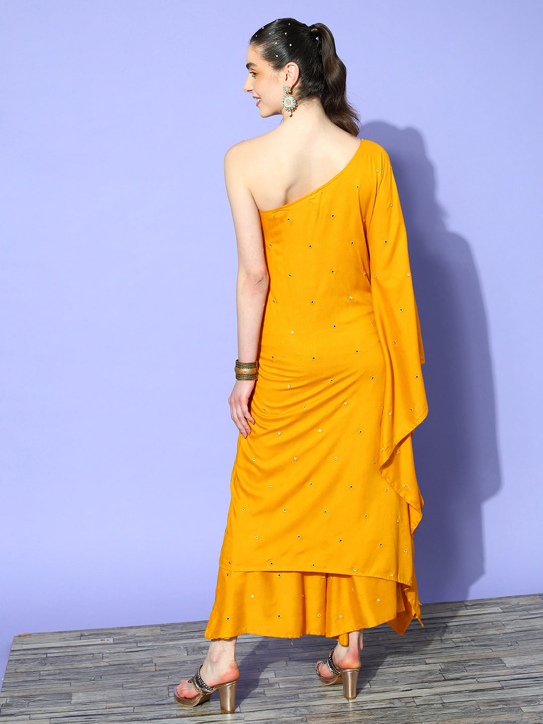 InWeave Women's Mustard Mirror Work One Shoulder Kurta Set - Swadesiicart