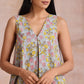 trueBrowns Grey Overall Floral Block Print Cotton Sleeveless Flared Kurta Pant Set | Swadesiicart