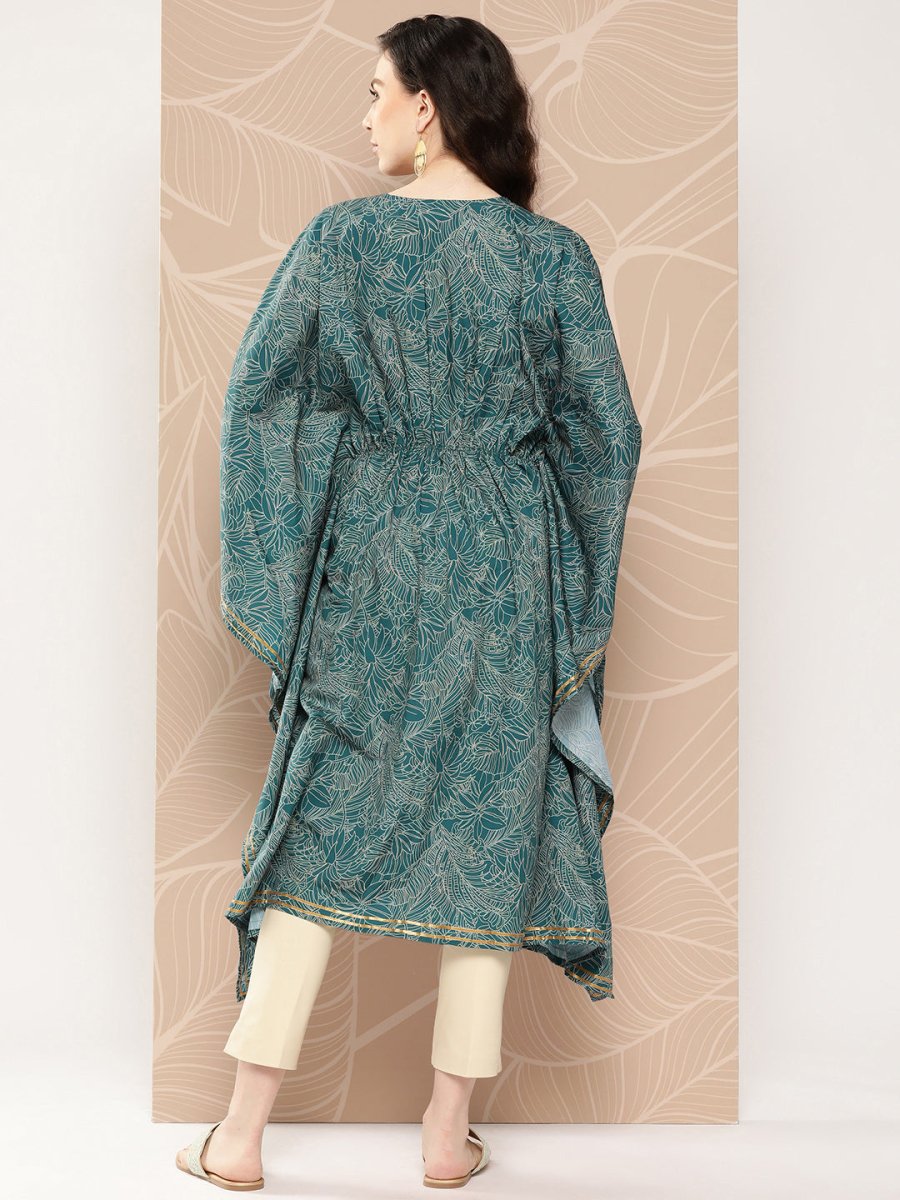 Ahalyaa Women Floral Printed Flared Sleeves Patchwork Belted Detail Crepe Kaftan Kurta | Swadesiicart