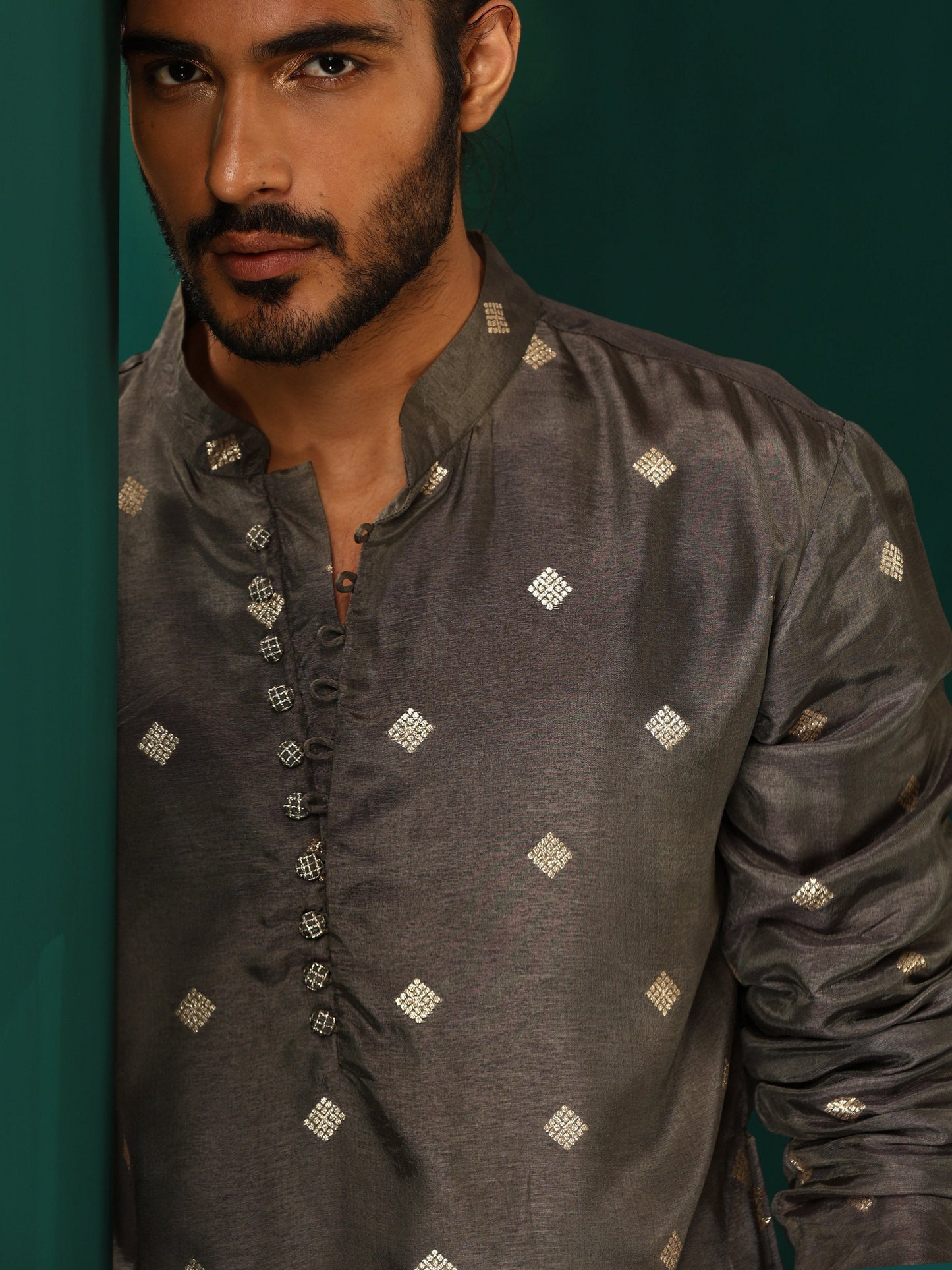 trueBrowns Men's Grey Diamond Viscose Silk Co-ord Set - Swadesiicart