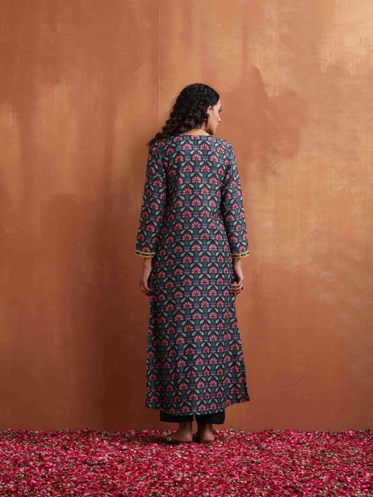 trueBrowns Black Floral Print A-line Kurta Set | Swadesiicart