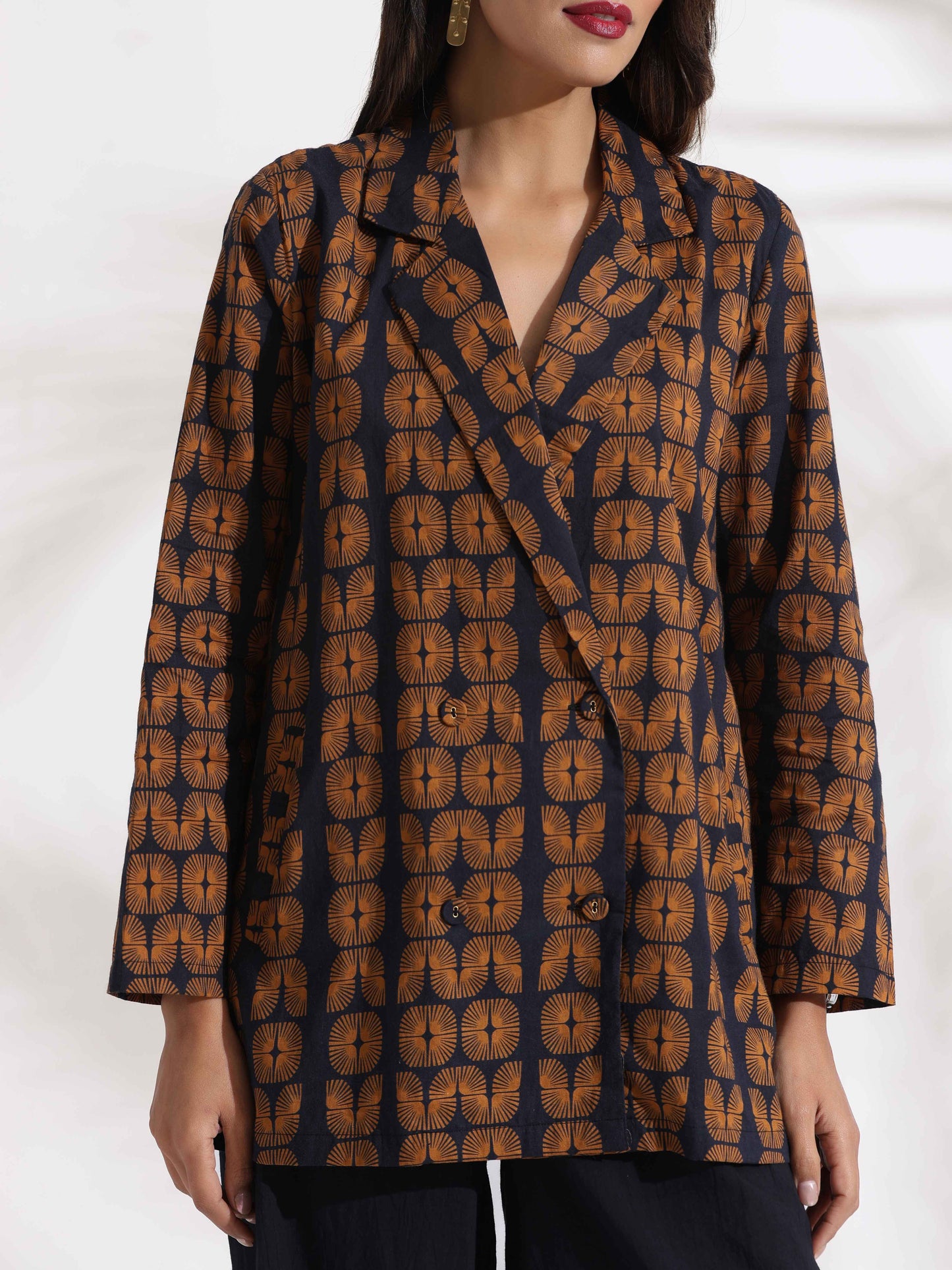 trueBrowns Black Cotton Print Jacket Top Co-ord Set - Swadesiicart