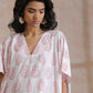 trueBrowns Pink Big Buta On White Print Cotton Panel Kaftan Kurta Pant Set | Swadesiicart