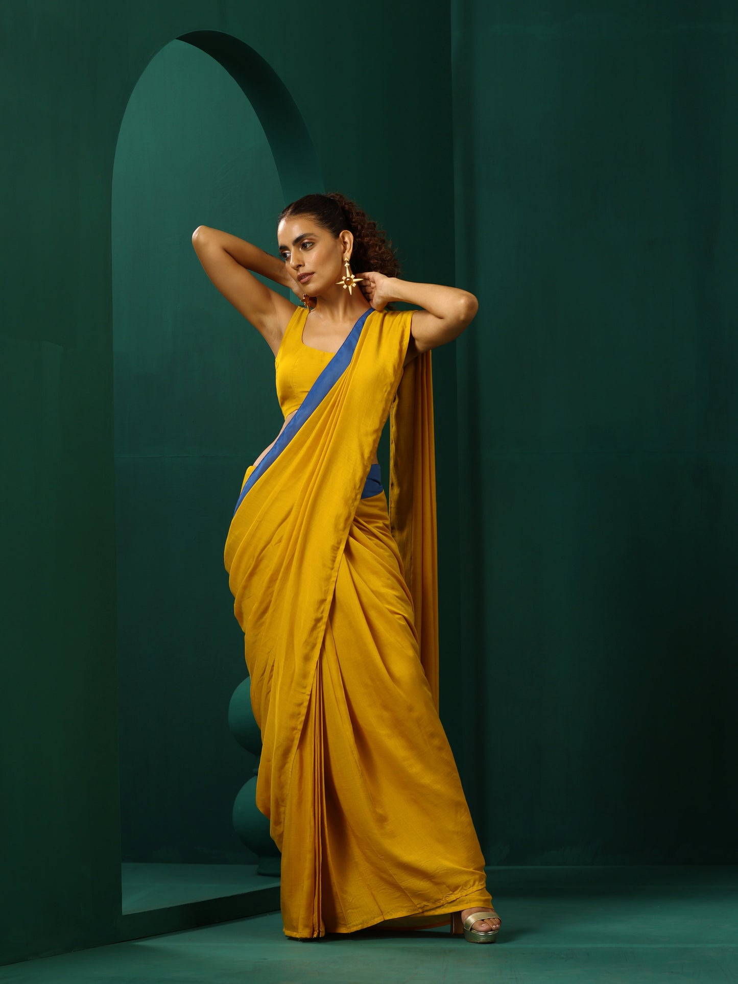 trueBrowns Mustard Muslin Silk Scoop Neck Sleeveless Blouse | Swadesiicart