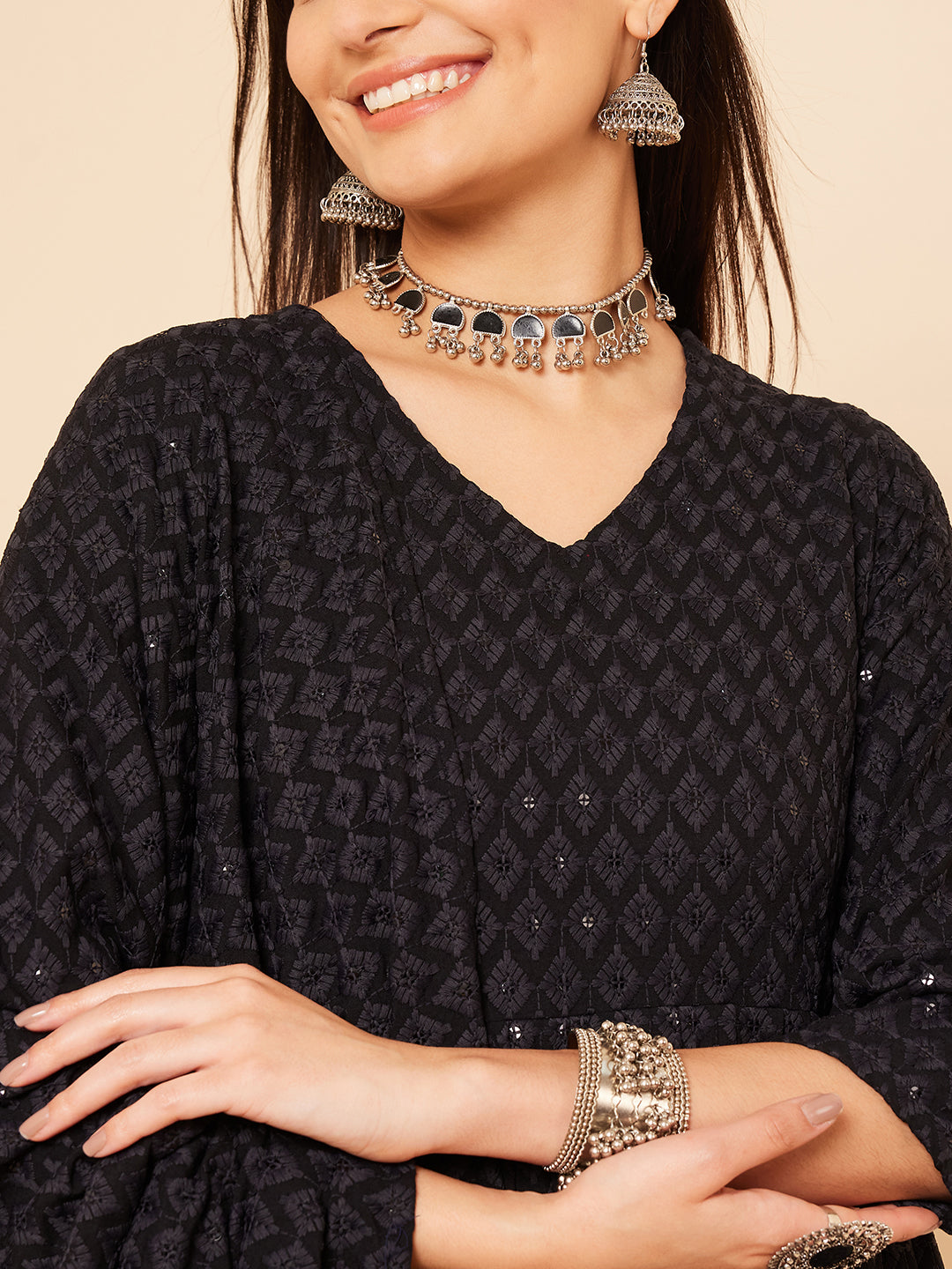 InWeave Women's Black Chikankari Long Anarkali Kurta Sharara Set W Dupatta - Swadesiicart