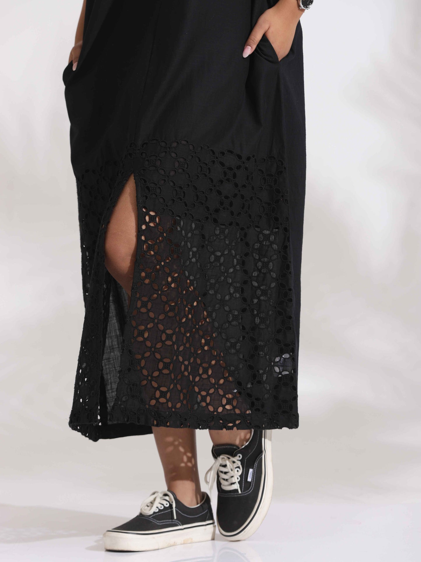 trueBrowns Black Cotton Schiffli Slit Dress | Swadesiicart