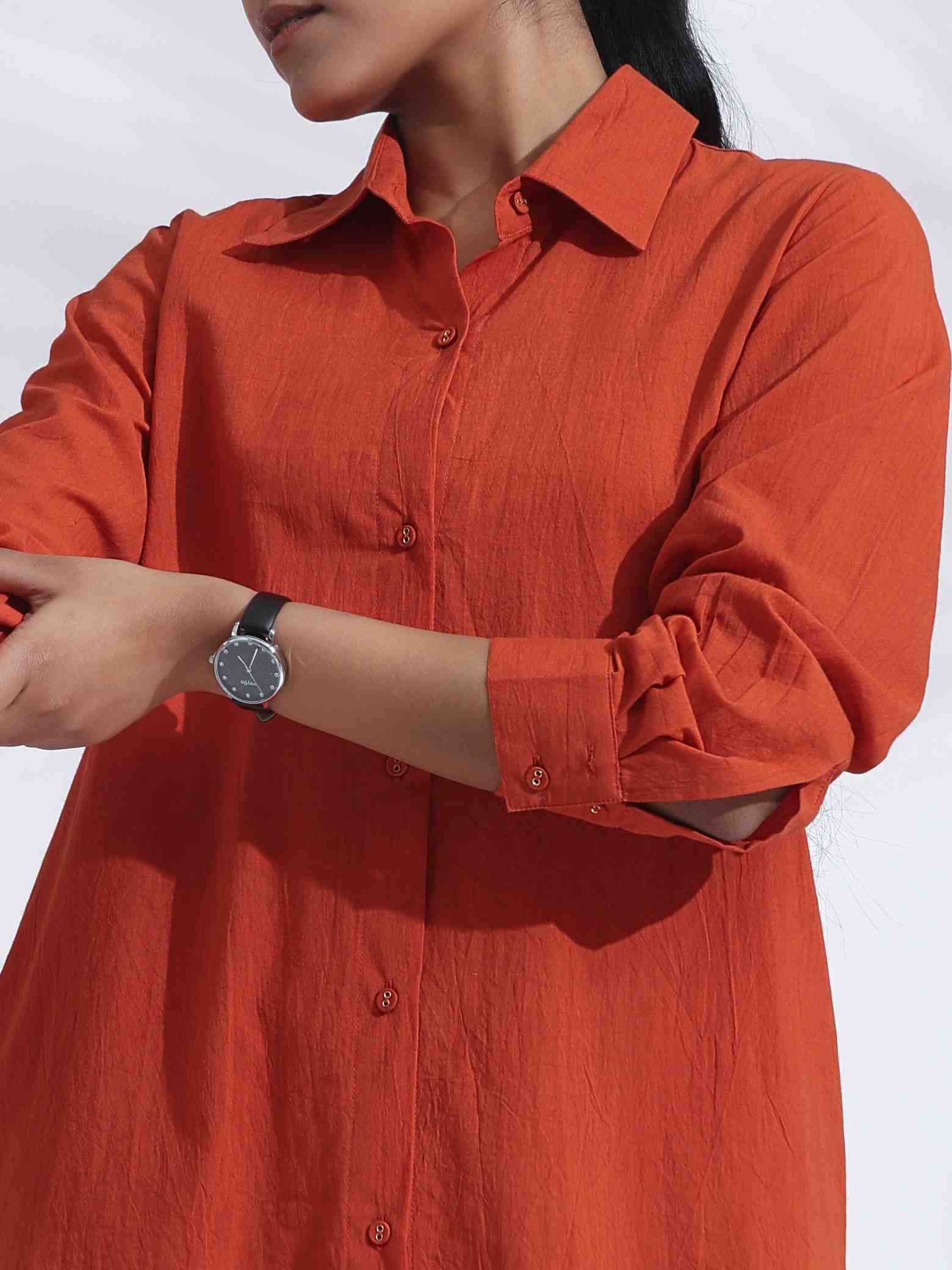 trueBrowns Orange Cotton Solid Shirt Kurta Co-ord Set - Swadesiicart