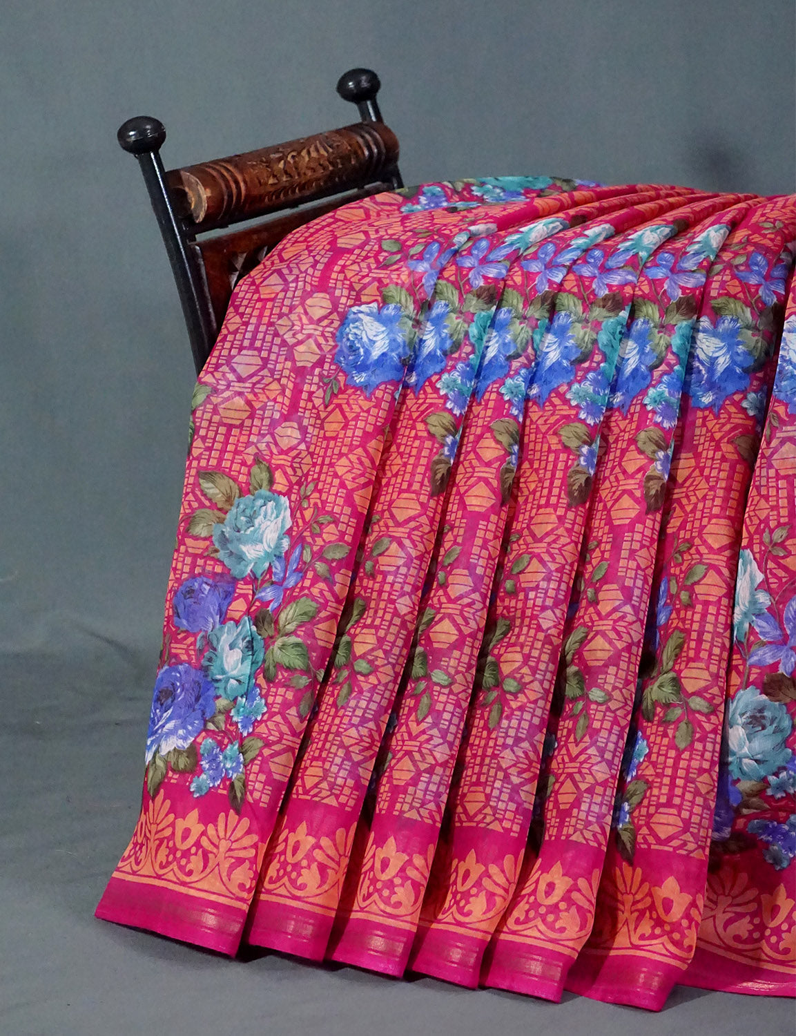 Shades of Hot Pink Colour Floral Design Semi Chanderi Saree By Gayathri Reddy Designer Studio | Swadesiicart