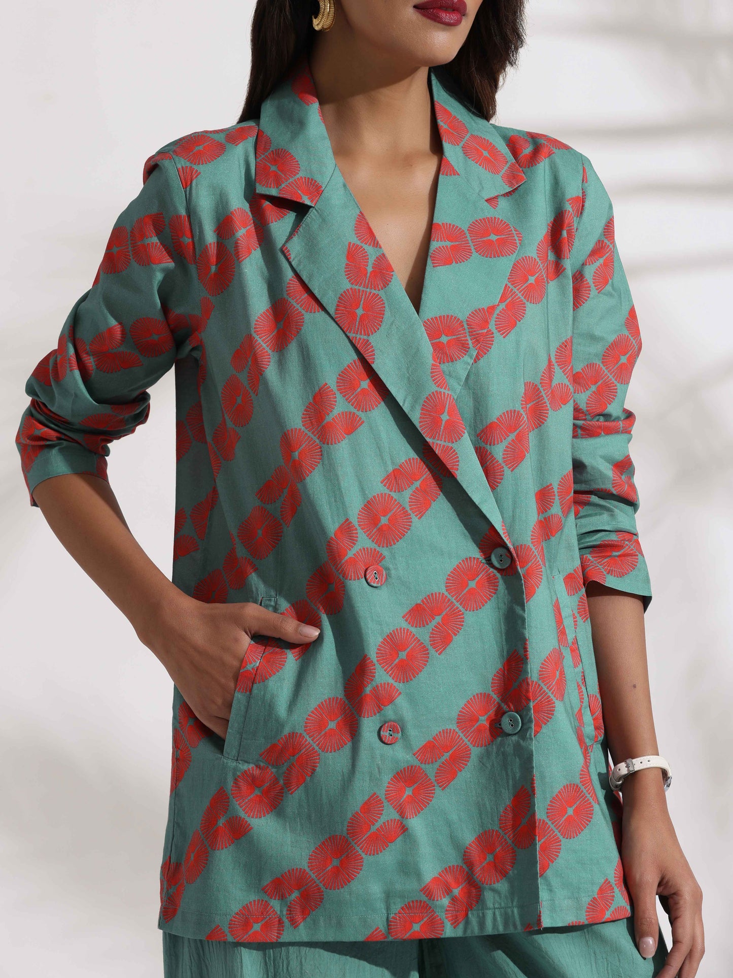 trueBrowns Green Cotton Print Jacket Top Co-ord Set - Swadesiicart