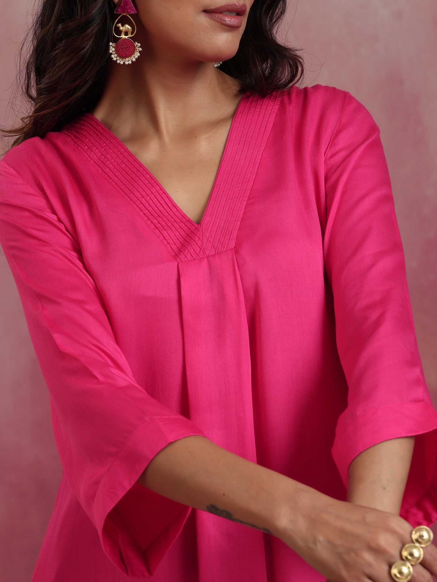 trueBrowns Pink Modal Boxpleat Kurta Set | Swadesiicart
