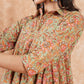 InWeave Women's Pear Green Orange Floral Print Flared Kurta Pant Set - Swadesiicart