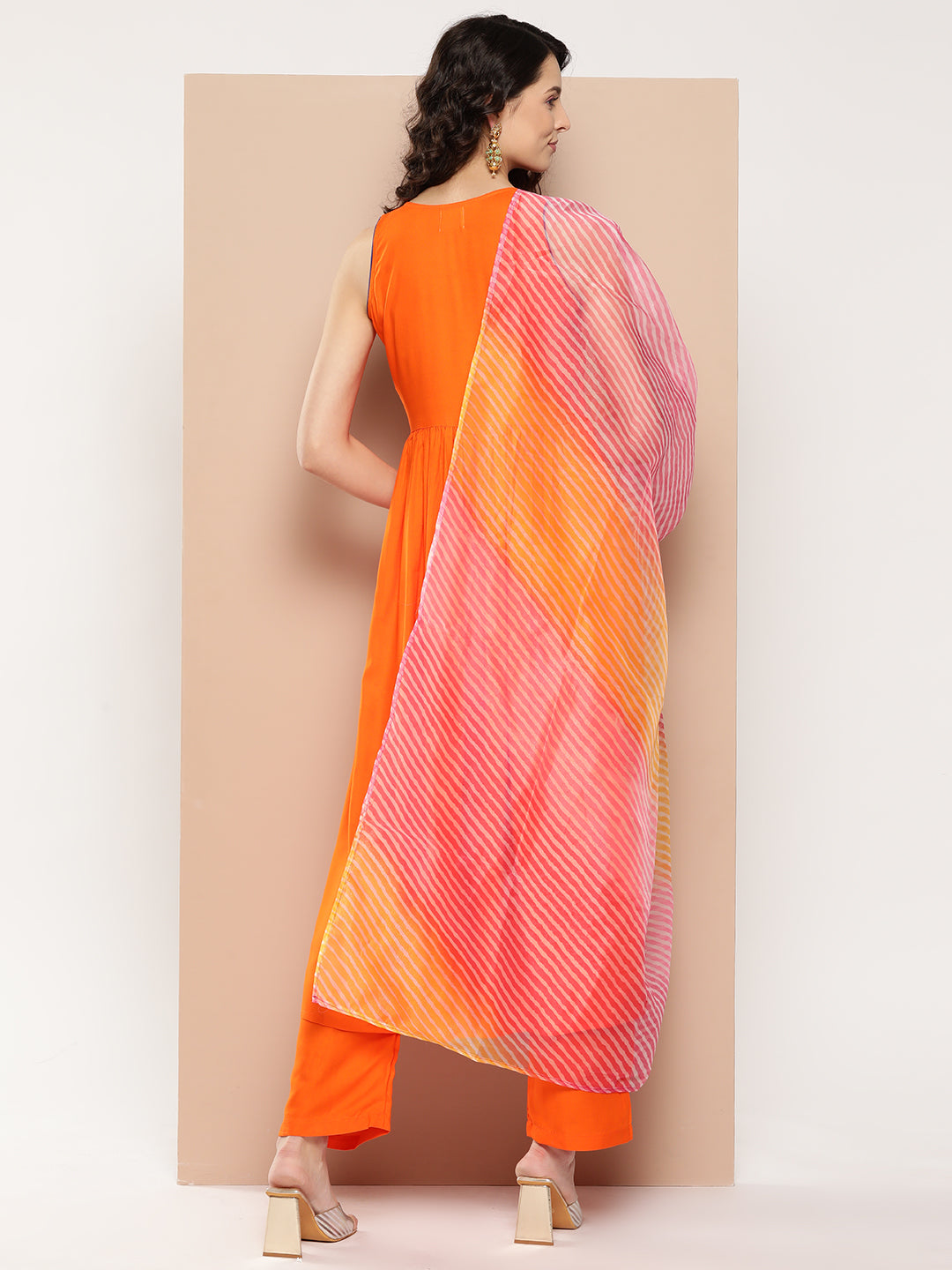 InWeave Women's Orange Mirror Work Aline Strappy Kurta Set W Pink Yellow Leh Dupatta - Swadesiicart