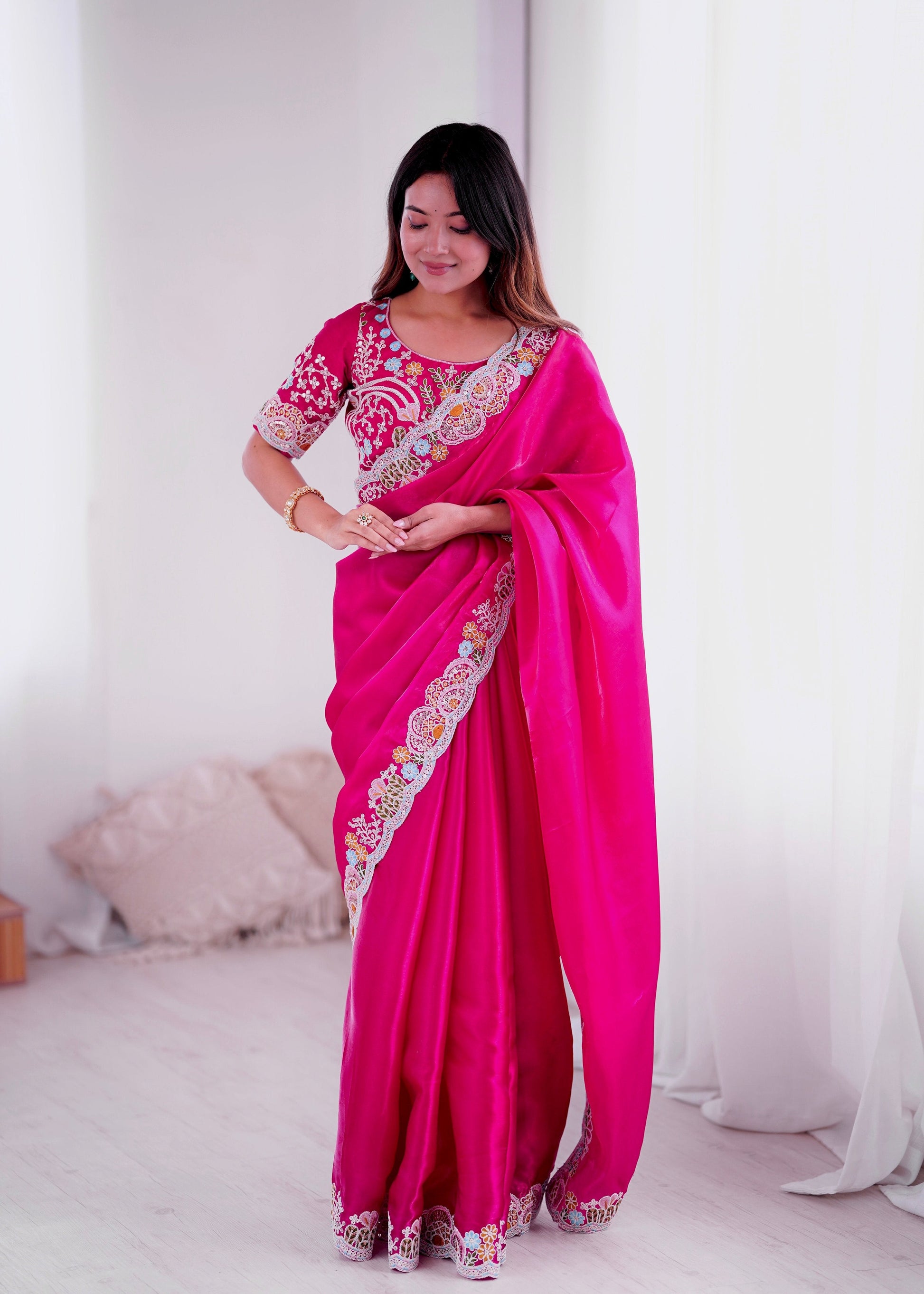 Lorenvalley Fashion Magenta Jimmy Choo with Embroidery Threads Codding & Sequins Work Saree with Blouse - Swadesiicart