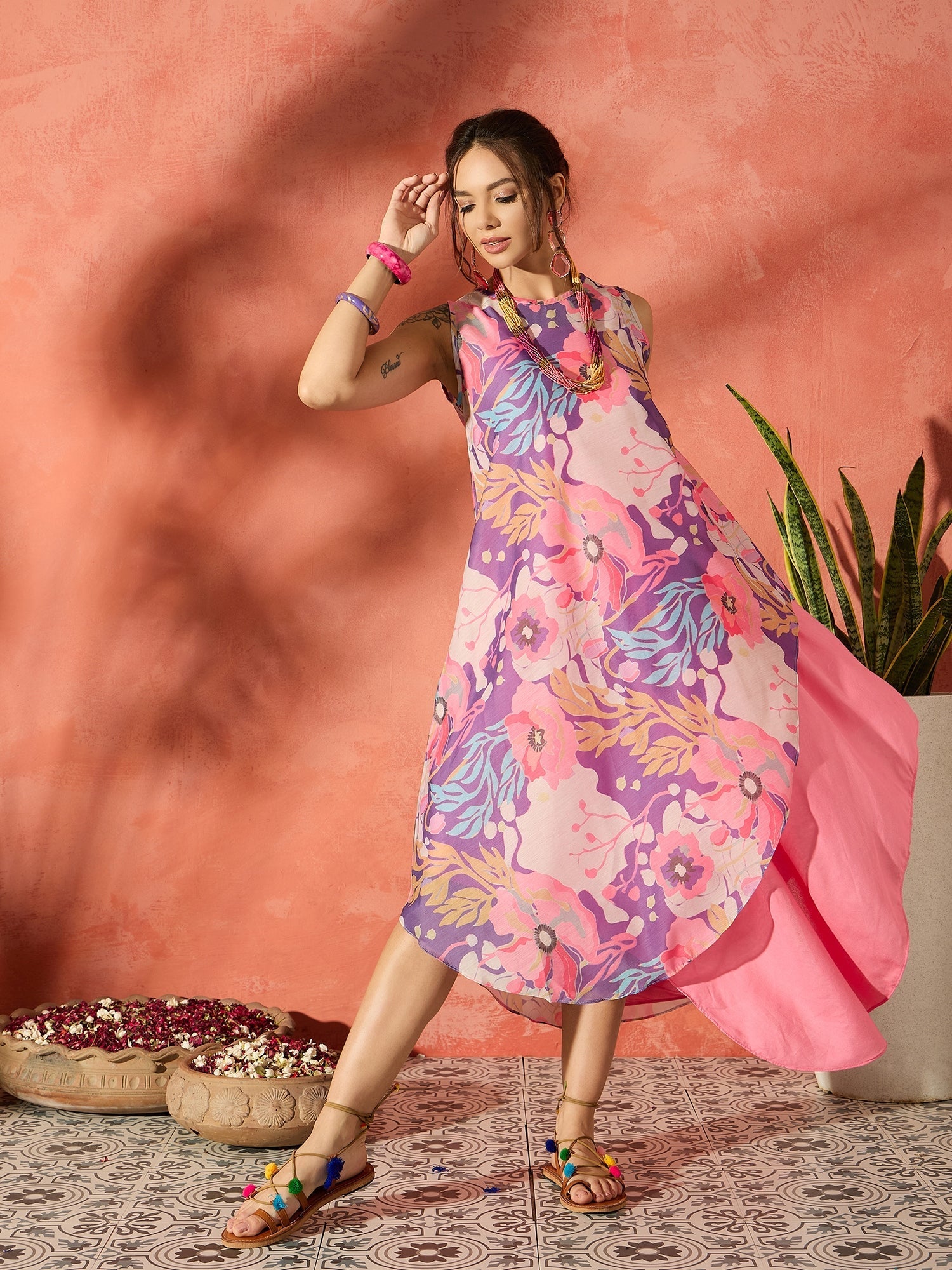 InWeave Purple Floral Peach Asymmetrical Dress - Swadesiicart